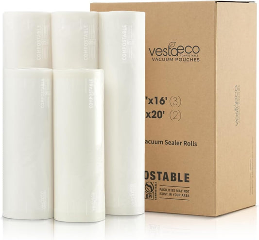 VestaEco Compostable Vacuum Sealer Bags, 5 Pack 2 Rolls 8" x 20' and 3 Rolls 11" x 16', Eco-Friendly, Heavy-Duty Food Storage Bags, BPA-Free, for Storage, Meal Prep or Sous Vide