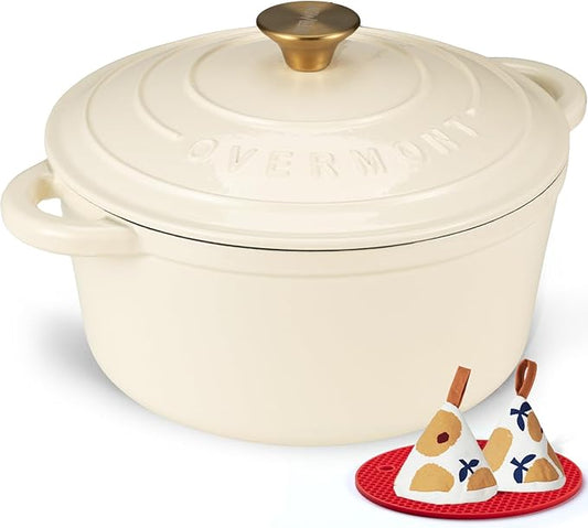Overmont Enameled Cast Iron Dutch Oven - 7QT Pot with Lid Cookbook & Cotton Potholders - Heavy-Duty Cookware for Braising, Stews, Roasting, Bread Baking Cream White