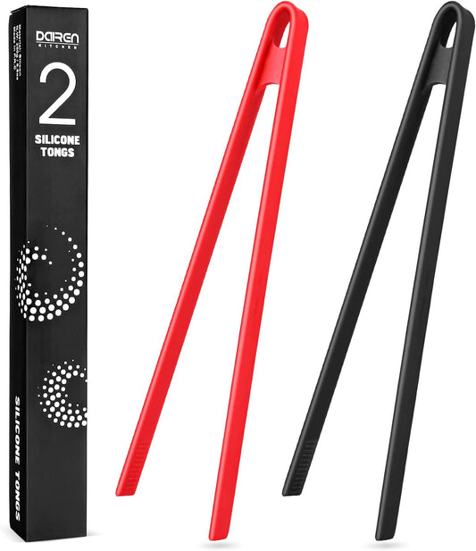 2-Piece Silicone Trivet & Tongs, 11.8 Inch, Non-Stick, Heat Resistant, BBQ & Grilling Tongs for Pan Fried Steak & Toaster (Black, Red)