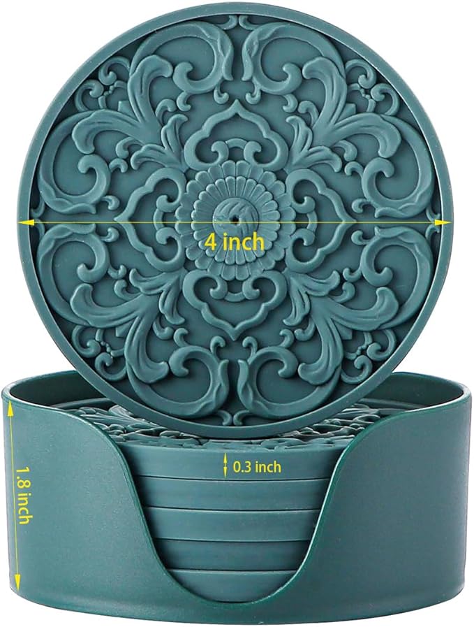 Colinda Silicone Coasters - Set of 6 with Holder, Non-Slip Cup Mats for Hot and Cold Drinks, Decorative Designs, Gift Ready Packaging,Black