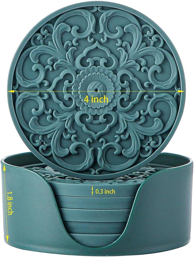 Colinda Silicone Coasters - Set of 6 with Holder, Non-Slip Cup Mats for Hot and Cold Drinks, Decorative Designs, Gift Ready Packaging,Beige