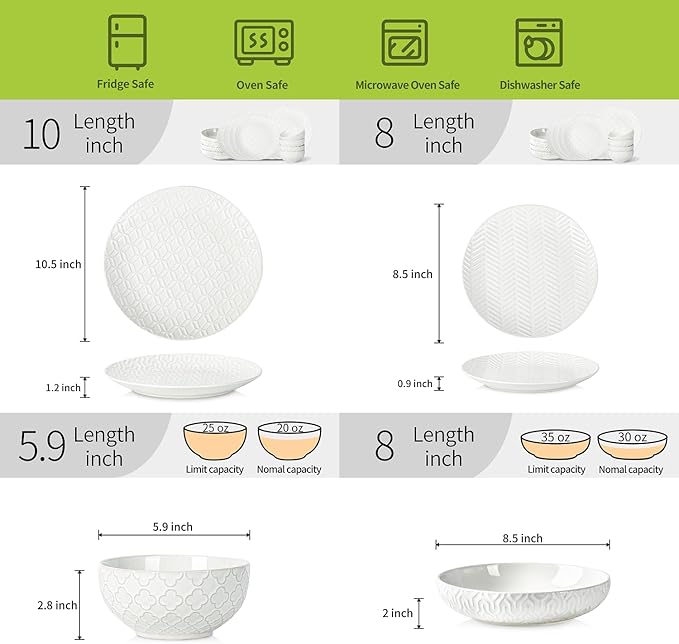Sureasy Ceramic Plates and Bowls Sets, 24 Pieces Dinnerware Sets for 6, Embossed Scratch Resistant Dinner Set, Dishwasher and Microwave Safe, White