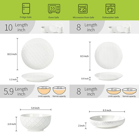 Sureasy Ceramic Plates and Bowls Sets, 24 Pieces Dinnerware Sets for 6, Embossed Scratch Resistant Dinner Set, Dishwasher and Microwave Safe, White