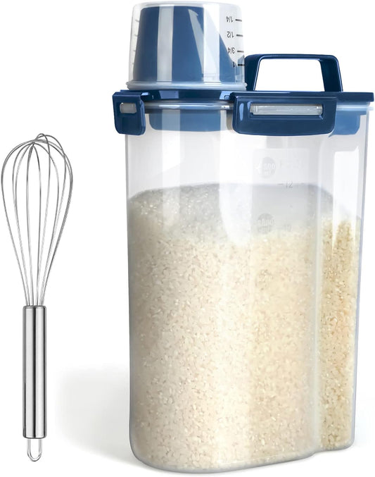 Rice Airtight Dry Food Storage Containers, BPA Free Plastic Storage Bin Dispenser with Pourable Spout, Measuring cup for Cereal, Flour and Baking Supplies Blue