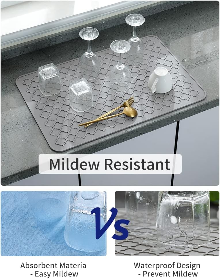 AMOAMI Dish Drying Mat,Heat-resistant,Easy Clean,Silicone Dish Drying Mats for kitchen Counter,Kitchen Gadgets Kitchen Accessories Kitchen Appliances (16" x 24", GREY)