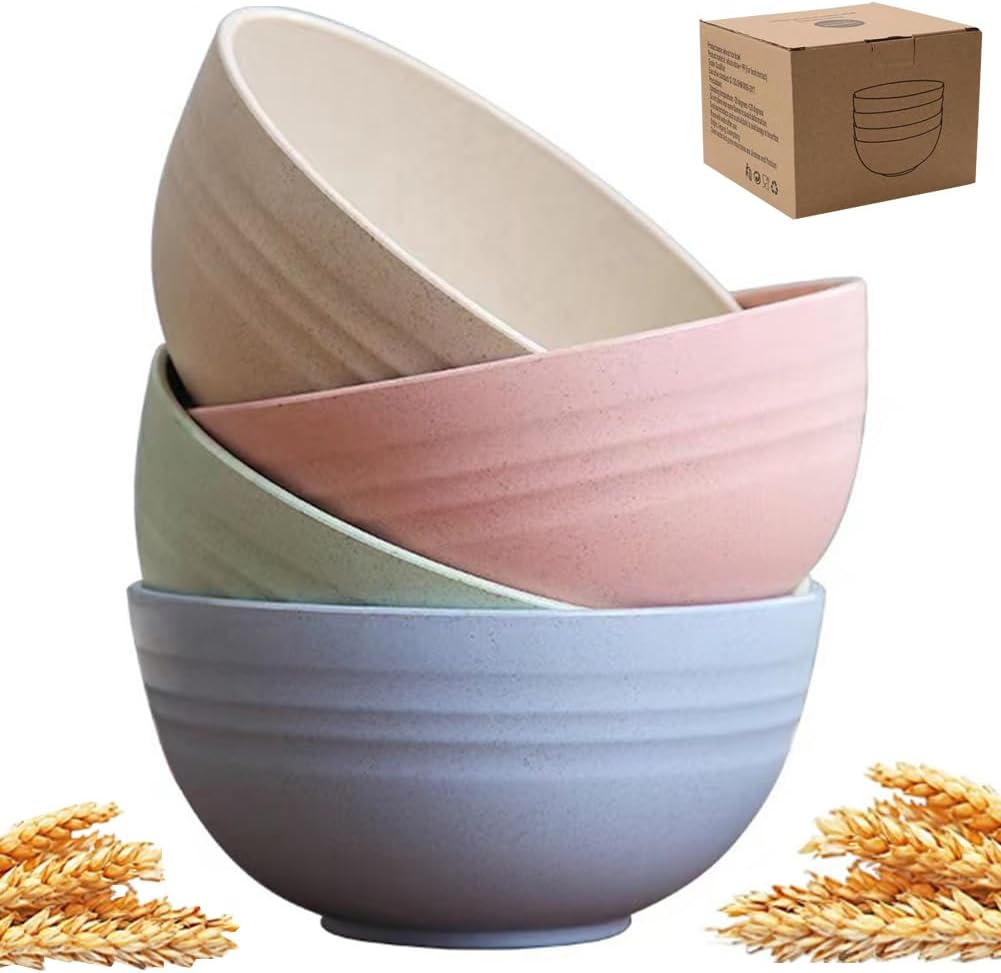 Lchkrep Unbreakable Cereal Bowls 24 oz, Reusable Wheat Straw Bowl Pack of 4 - Dishwasher and Microwave Safe, BPA-Free for Snacks, Dining, Camping, RV, Dorm