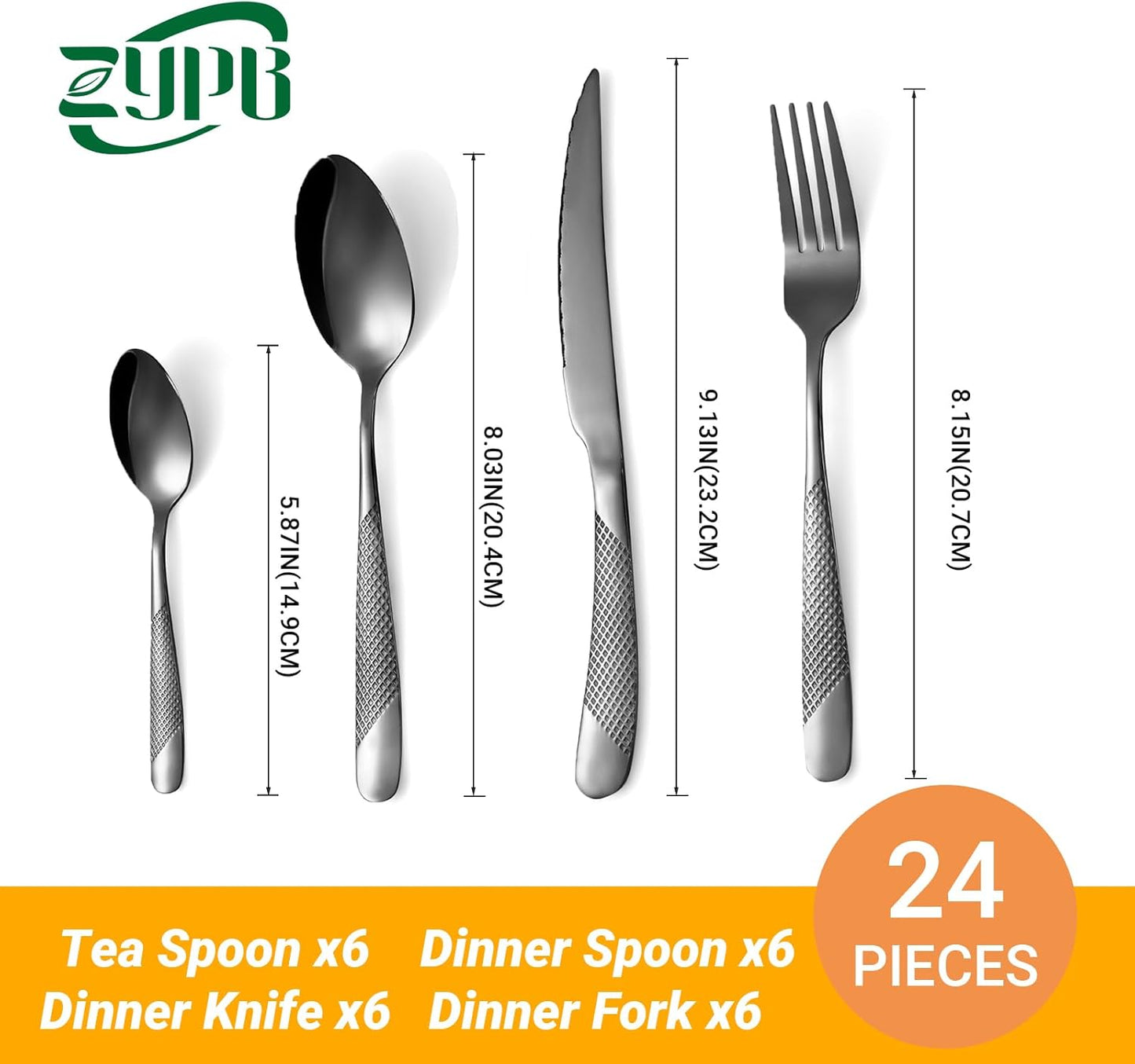 24-Piece Black Hammered Silverware Set, Food-Grade Stainless Steel Flatware Service for 6, Modern Cutlery Utensil Set with Forks Knives Spoons, Mirror Polished, Dishwasher Safe for Home Kitchen Dining