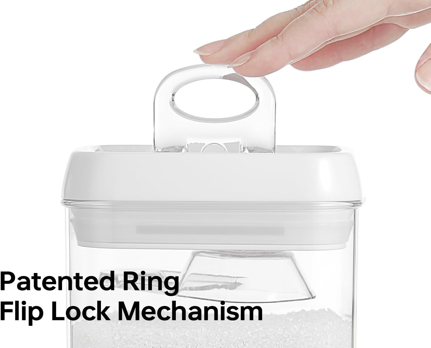 Felli Flip Tite Storage Container with Built-In Spoon & Airtight Lid 5” Large-M Ring Flip Top, Stackable Acrylic Canister for Rice Sugar Flour Protein Powder, Kitchen Pantry Organizer (1.8qt)