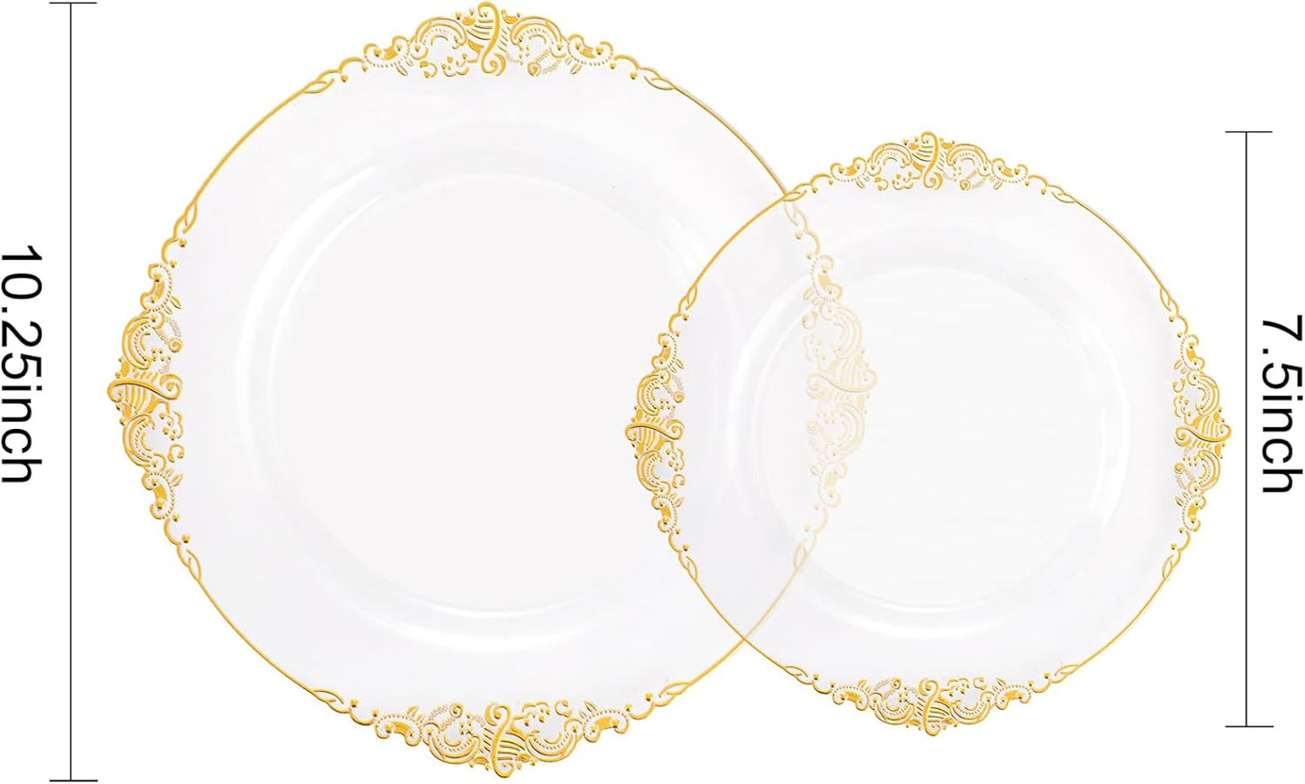 102PCS Clear Gold Plastic Plates - Clear Disposable Plates with Gold Rim - Clear Party Plate Include 51PCS Dessert Plates, 51PCS Dinner Plate for Weddings & Thanksgiving Parties
