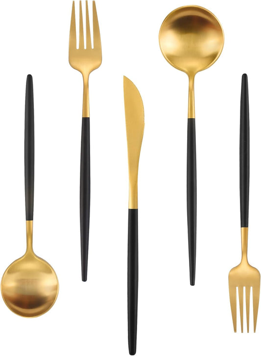Matte Gold Silverware Set With Black Handle, IBIILII JEFF 40 Pieces Stainless Steel Flatware Set For 8，Kitchen Utensil Set, Tableware Cutlery Set, Knife Spoons And Forks Set, Dishwasher Safe