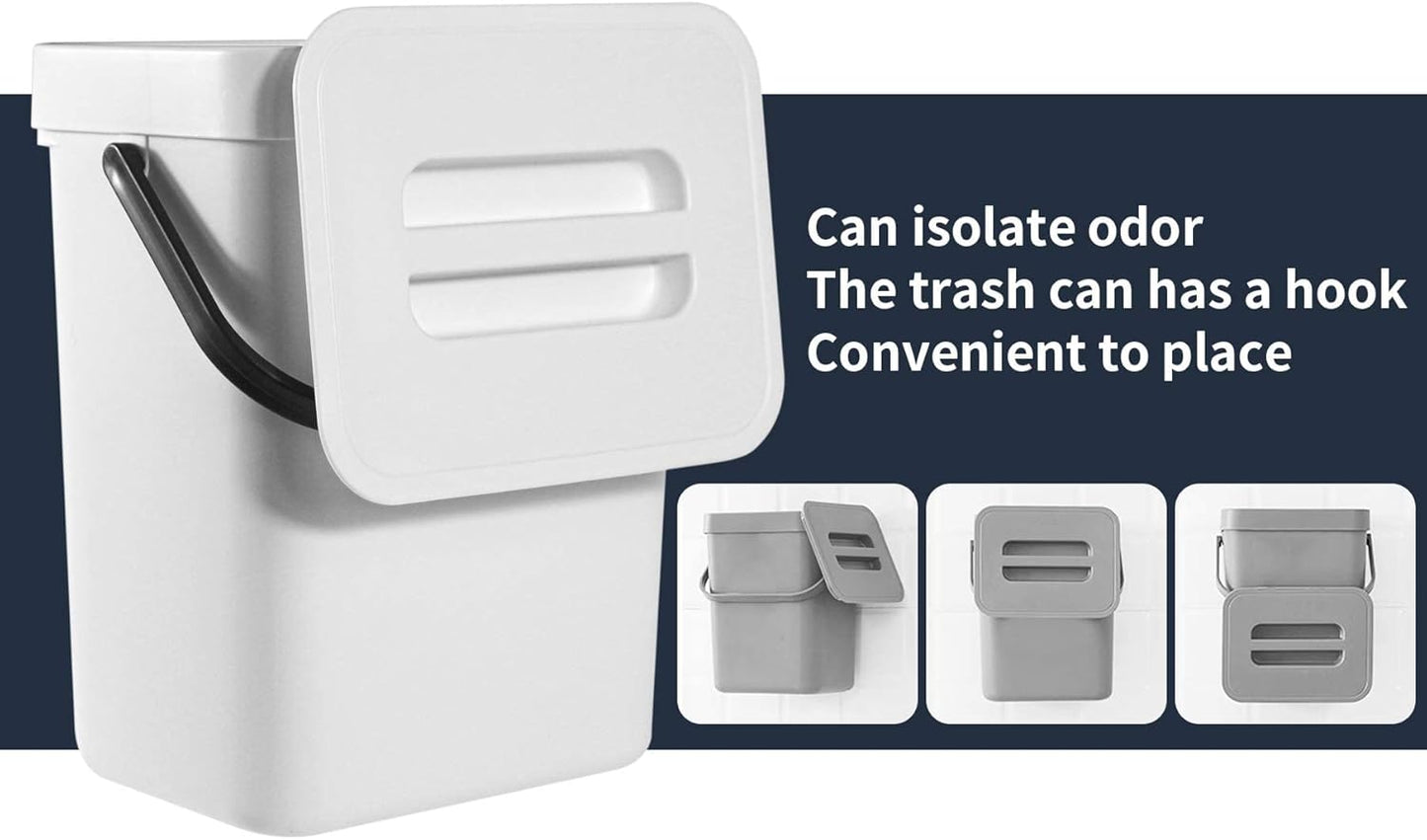 Domiella 2 Pack Hanging Small Trash Can with Lid (1.3 + 0.8 Gal), Kitchen Compost Bin for Countertop or Under Sink, Mountable Food Waste Bin for Cabinet, Bathroom, or RV Use (White)