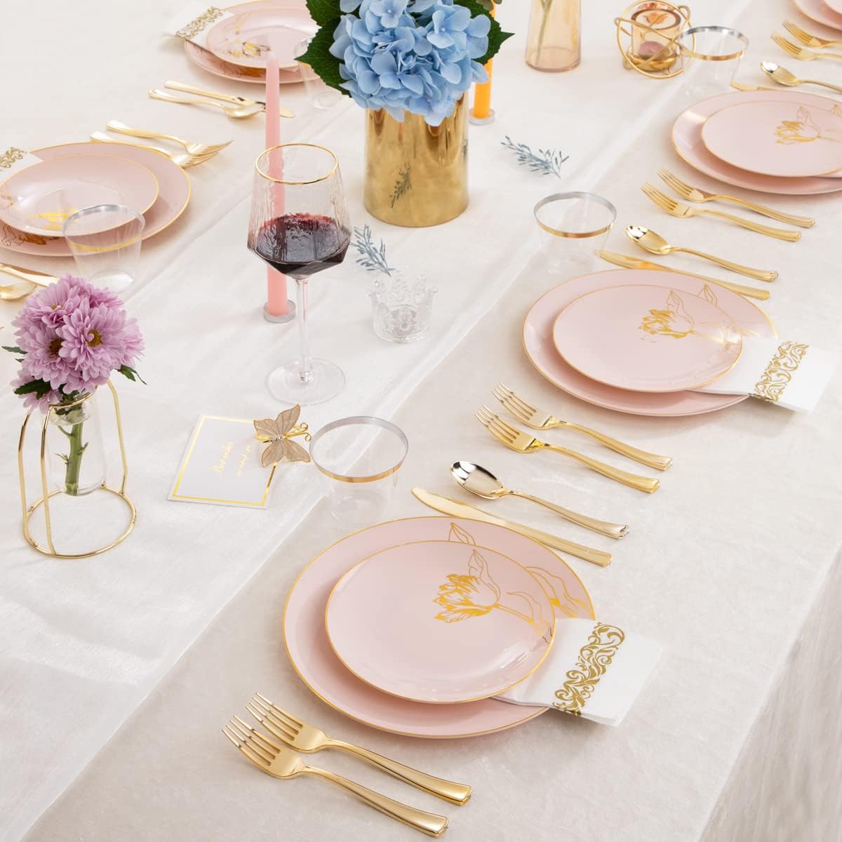 Nervure 175PCS Pink Plastic Plates - Floral Pink Gold Disposable Plates Include 50Plates, 25Forks, 25Knives, 25Spoons, 25Cups, 25Napkins Perfect for Wedding & Party & Easter & Mother's Day