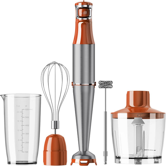 Immersion Blender Handheld Corded Hand Blenders Set 1100W, Trigger Variable Speed 5 in 1 Stick Emulsifier with Chopper, Whisk and Frother for Soup, Baby Food and Smoothies, Orange