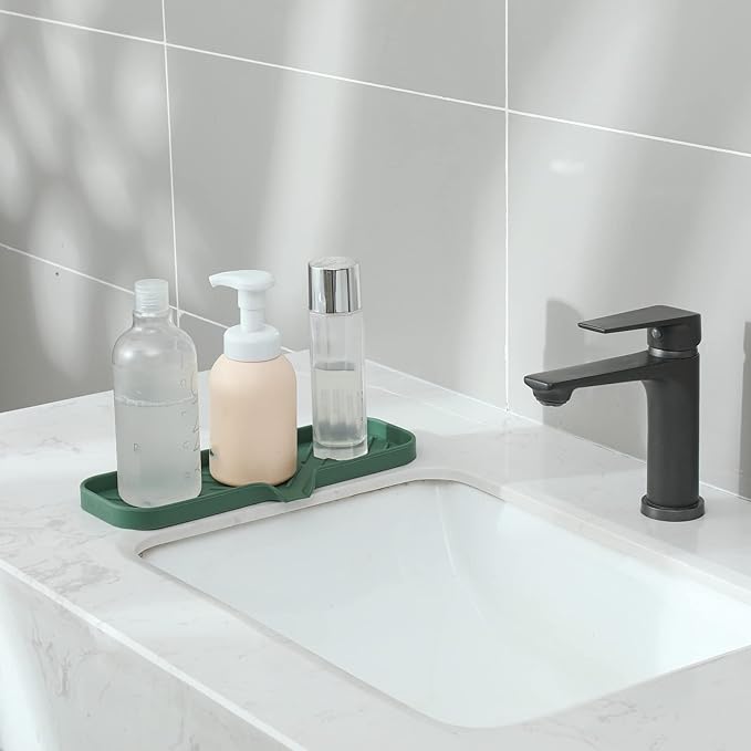 Silicone Bathroom Soap Dishes with Drain Spout-Bathroom and Kitchen Sink Organizer,Sponge Holder,Dish Soap Tray,Perfect for Dispenser,Scrubber,Bottle,Cup on Sink or Counter-Green 12"×4"