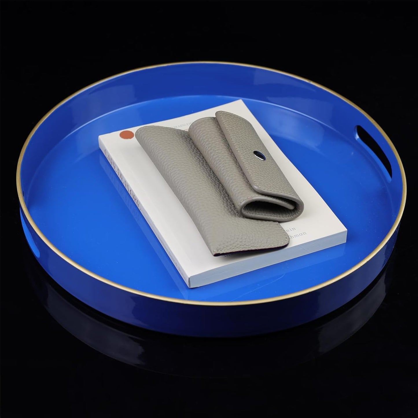 Blue Round Decorative Tray with Handles, 13" Elegant Coffee Table Serving Tray for Ottoman Living Room, Bathroom, Outdoors, Breakfast