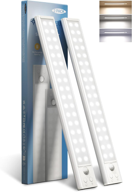 Under Cabinet Lights, Motion Sensor Light Indoor, Wireless Closet Lights, 2200mAh Rechargeable, Magnetic, 3 Color Temps, 5 Levels Dimmable, Under Counter Lights for Kitchen (2 Pack)