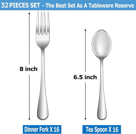 32 Pcs Forks and Spoons Silverware Set,Food Grade Stainless Steel Flatware Cutlery Set for Home,Kitchen and Restaurant,Mirror Polished,Dishwasher Safe-16 Dinner Fork(8 inch) and 16 Teaspoon(6.5 inch)