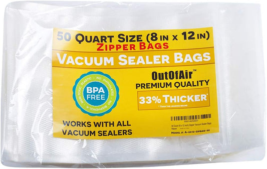 50 Zipper Vacuum Sealer Bags: Quart Size (8" x 12") - OutOfAir Vacuum Seal Zip Bags, Works with FoodSaver & Other Savers, 33% Thicker BPA Free Commercial Grade Great for Snacks On The Go