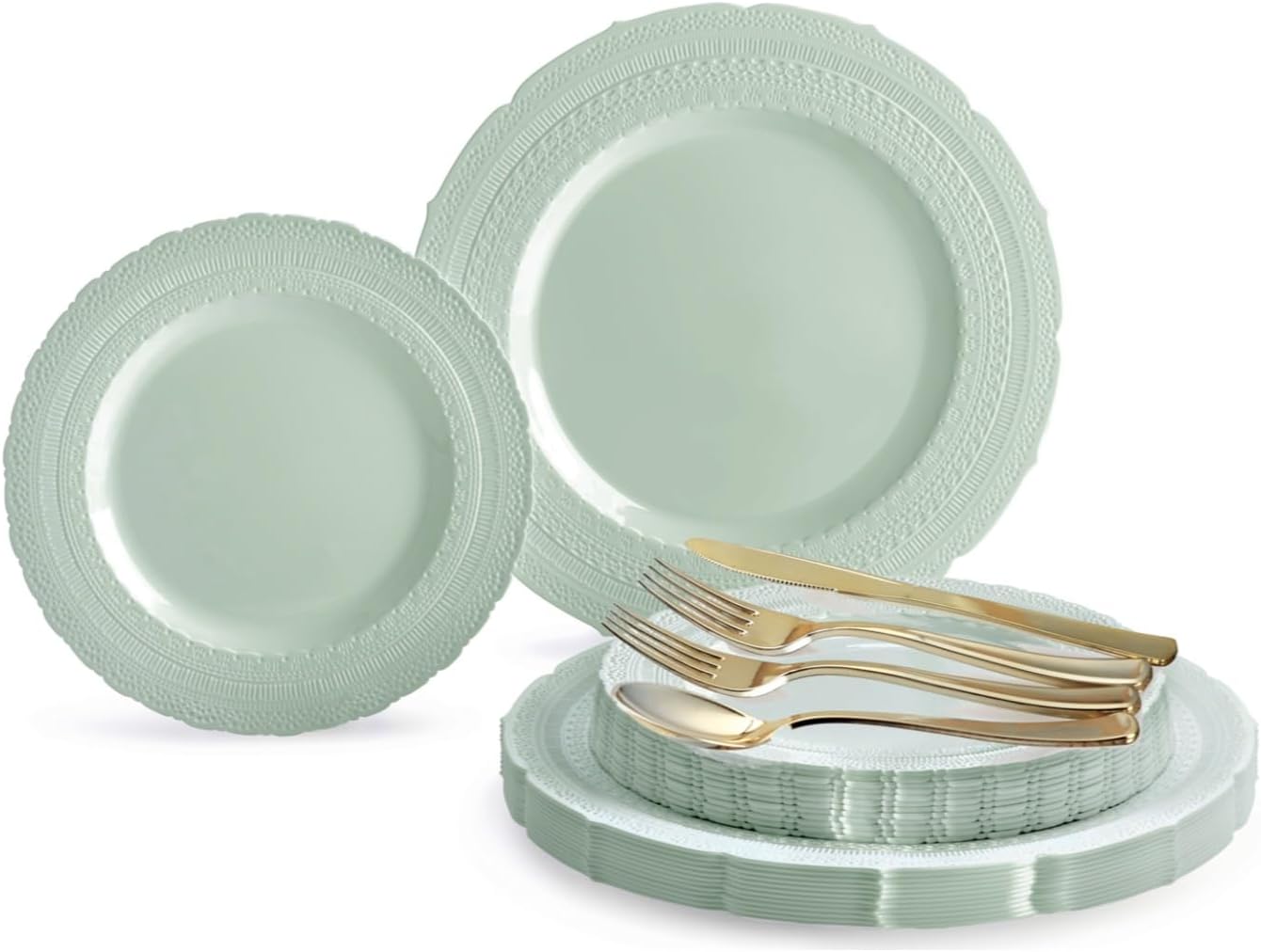 " OCCASIONS " 150pcs set (25 Guests)-Extra Heavyweight Vintage Wedding Disposable/Reusable Plastic Plates -25 x 11'' + 25 x 8.25'' +Silverware (Chateau in Mint)