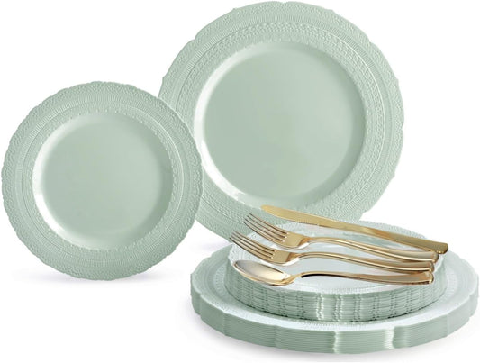 " OCCASIONS " 150pcs set (25 Guests)-Extra Heavyweight Vintage Wedding Disposable/Reusable Plastic Plates -25 x 11'' + 25 x 8.25'' +Silverware (Chateau in Mint)