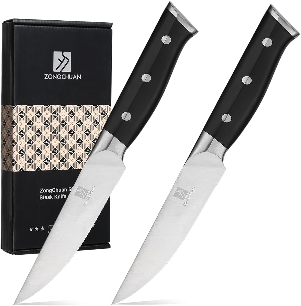 Steak Knife,4.5inch Steak Knives Set of 2,High-Carbon Stainless Steel Knife Set,Serrated Blade Sharp Knives,Dishwasher Safe,Ergonomic Black Handel,Full Tang Design With Excellent Gift