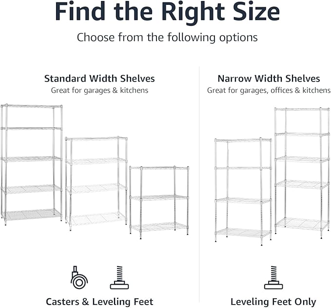 Amazon Basics 3-Shelf Adjustable Heavy Duty Steel Wire Rack Storage Shelving Organizer for Kitchen, Garage, 23.2" L x 13.4" W x 30" H, Chrome