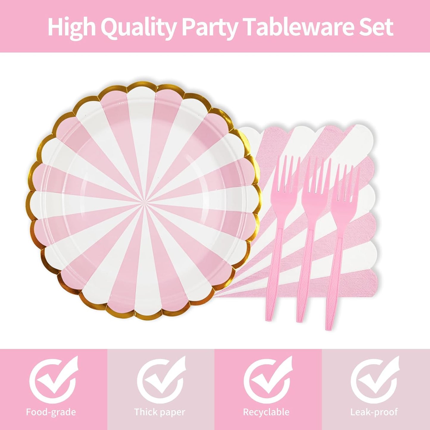72PCS Pink Paper Plates and Napkins Party Supplies, Gold Foil Edge Scalloped Striped Plates Napkins Disposable Tableware Set for Birthday Wedding Baby Shower Party Decoration (Pink)