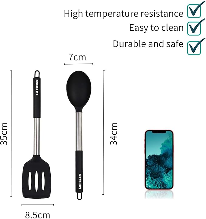 Large Cooking Utensils Set of 4Silicone Slotted&Solid Spatula and Spoon,Non-stick&Heat Resistant Silicone Kitchen Utensils,Ideal Kitchen Cookware for Turning, Fried, Draining, Mixing (Black)