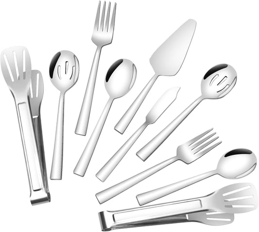 Stainless Steel Serving Utensils, Amafox 10-Piece Serving Silverware Utensils Set Include Spoons, Slotted Spoons, Forks, Appetizer Tongs,Cake Server,Butter Knife, for Party, Daily Use(Silver)