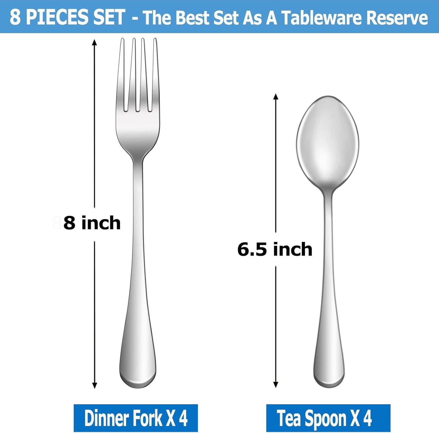 8 Pcs Forks and Spoons Silverware Set,Food Grade Stainless Steel Flatware Cutlery Set for Home,Kitchen and Restaurant,Mirror Polished,Dishwasher Safe - 4 Dinner Fork(8 inch) and 4 Teaspoon(6.5 inch)