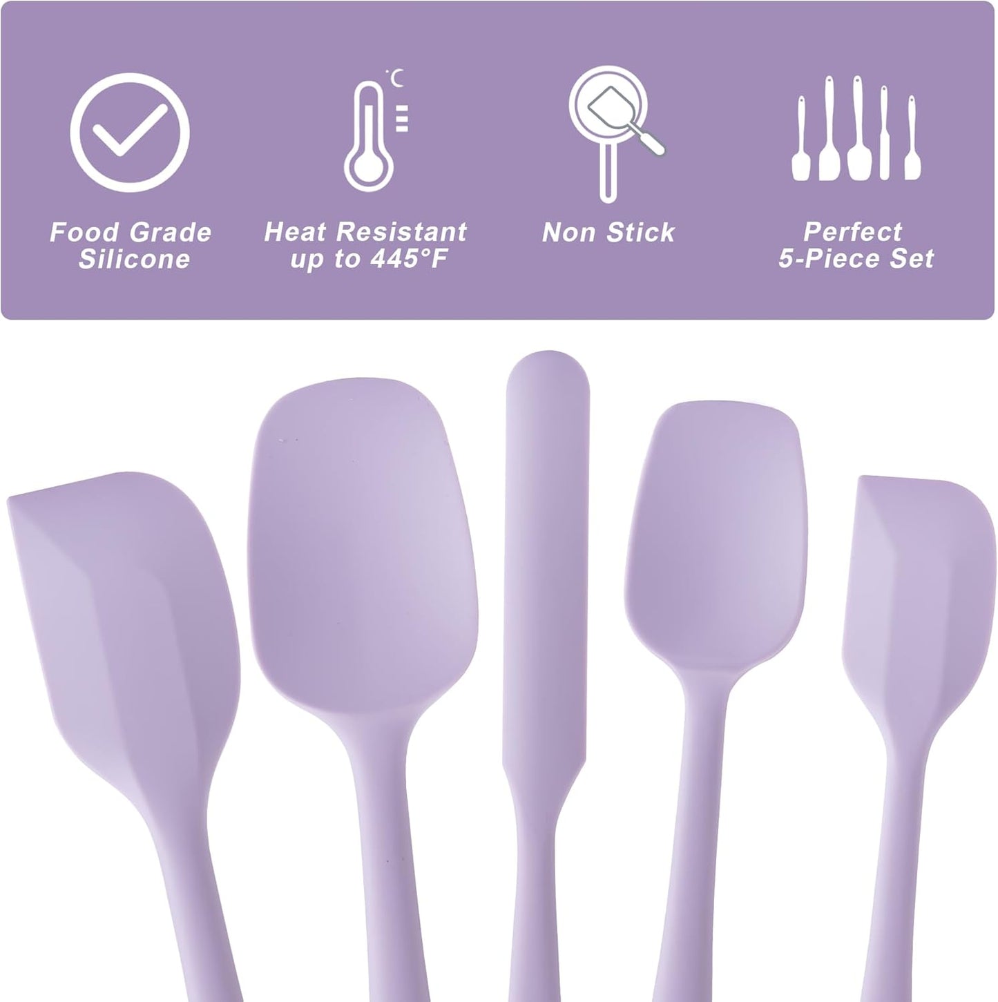Silicone Spatula Set, 5 Piece Food Grade Rubber Spatulas for Baking, Cooking, and Mixing High Heat Resistant Non Stick Dishwasher Safe BPA-Free (Lavender)