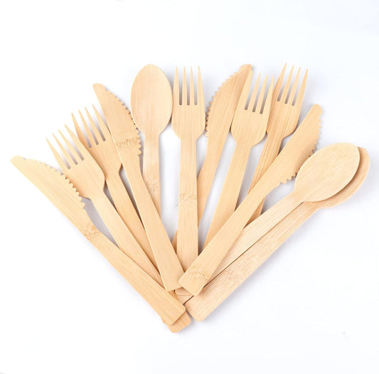 Bamboo Utensils -100 PK (50 Forks 25 Spoons 25 Knives) 6.7" Compostable Forks Spoons Knives Disposable Bamboo Cutlery Set Biodegradable Eco Friendly Flatware Renewable
