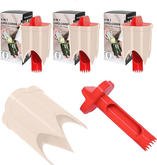 Pepper Corer, 2 in 1 Red Bell Pepper Seed Corer Remover Tool, Fruit & Vegetable Corers Quick Cave Tools for Jalapeno Cutter Deseeder, Red-S, 3 PCS