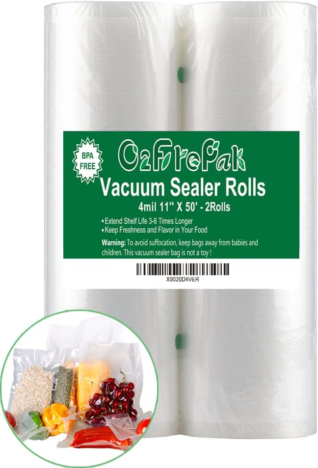 O2frepak 2Pack 11"x50' Rolls 4mil Vacuum Sealer Bags Rolls with BPA Free,Heavy Duty Vacuum Sealer Storage Bags Rolls,Cut to Size Roll,Great for Sous Vide (Total 100 feet)