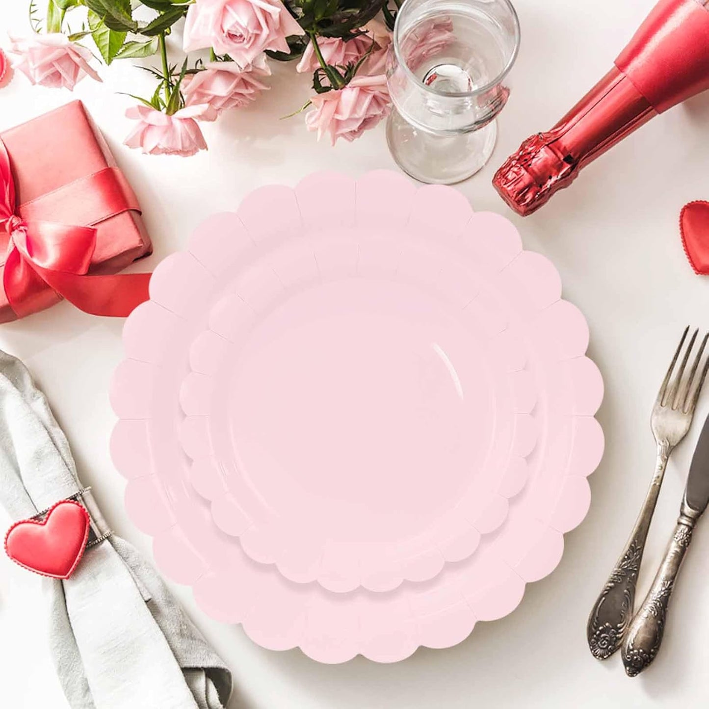 50 Pcs Light Pink Scalloped Paper Plates 25 × 7'' and 25 × 9'' Disposable Pink Scalloped Dinner Plates for Wedding Baby Shower Birthday Party Disposable Dessert Plate
