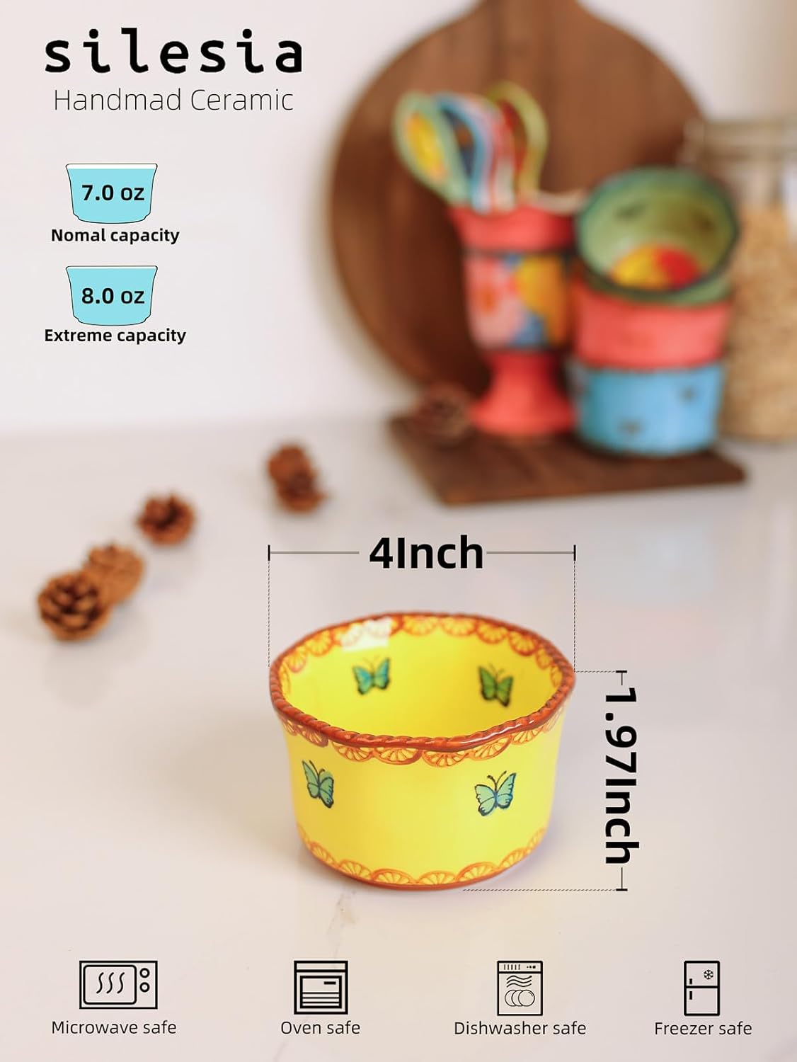 Handmade 7 oz Small Bowls - Ceramic Hand Painted Bowl Great for Ramekins, Dipping, Side Dish, Dessert,Sauce, Ice cream, Appetizer, Sushi in Gift Box, 3.5 inch, Set of 3, Forget Me Not