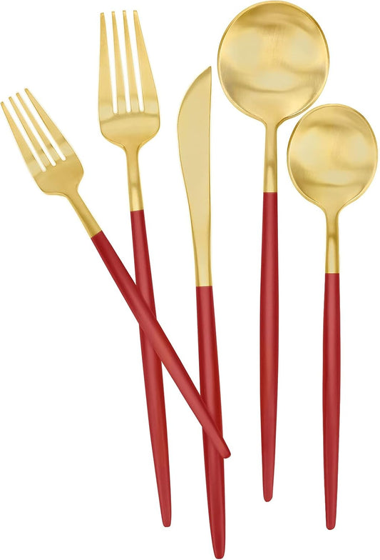 Matte Red Gold Silverware Set 30 Pieces, FAMEWARE Stainless Steel Flatware Set，Service for 6，Kitchen Utensil Set, Tableware Cutlery Set, Satin Finished Polished & Dishwasher Safe