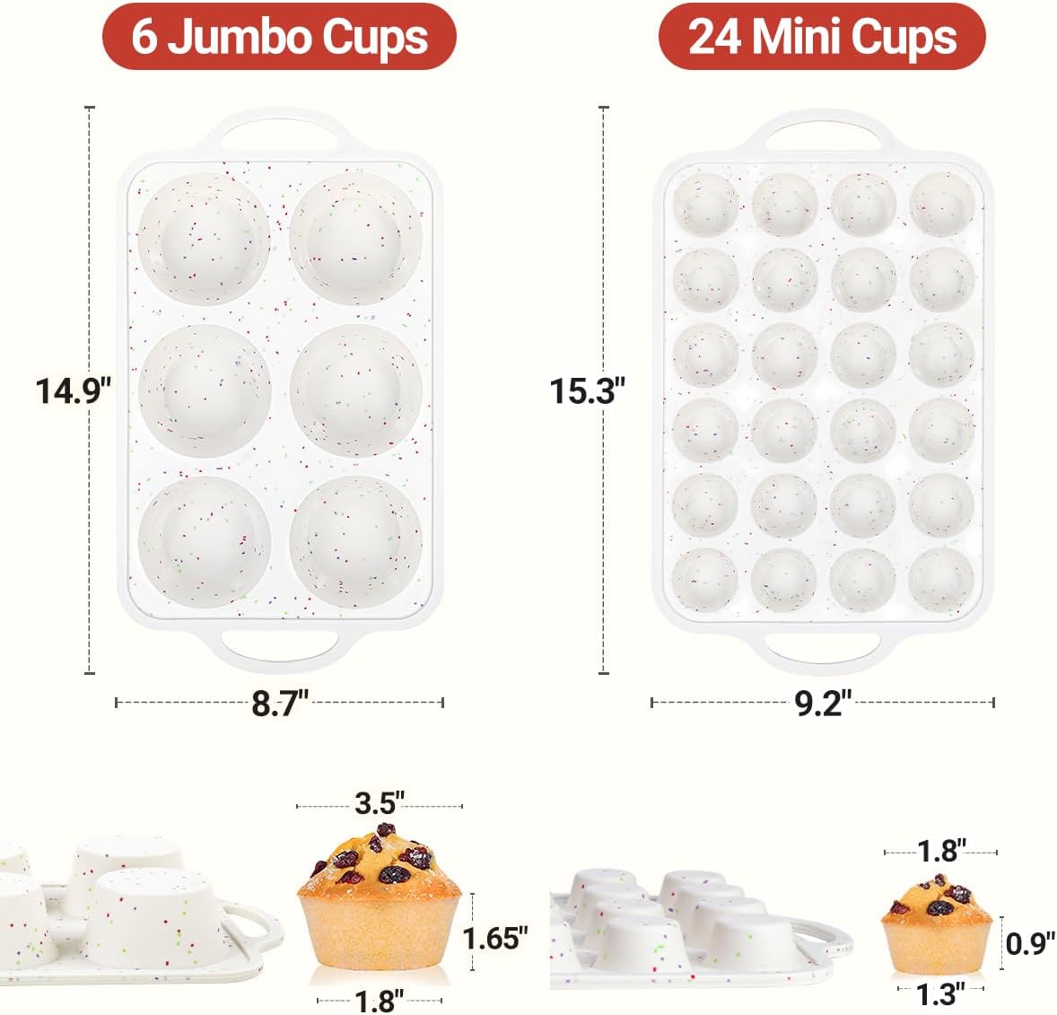 CAKETIME Silicone Muffin Pans for Baking, Metal Reinforced Frame Jumbo 6 Cups & Mini 24 Cups Cupcake Pan Nonstick Muffin Pan for Homemade Baking Easy to Handle