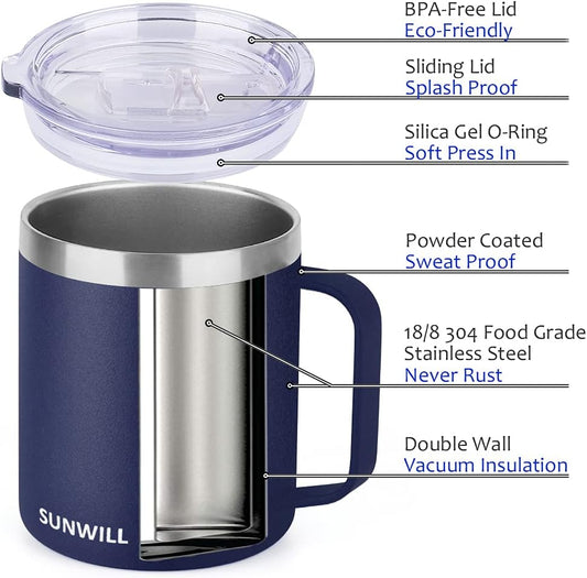 SUNWILL Travel Coffee Mugs Set of 4, Insulated Tumbler with Lid, 14oz Stainless Steel Cup with Handle Bulk for Gift, Camping, Office, Powder Coated Navy Blue