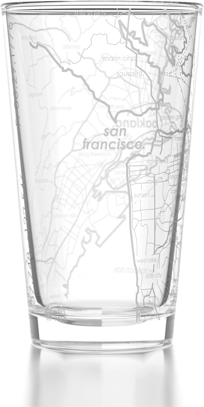 Well Told Engraved San Francisco California Map Pint Glass, Etched Beer Gift (16 oz, Clear) City Map Pint, Custom City Glassware, Gifts For Beer Lovers