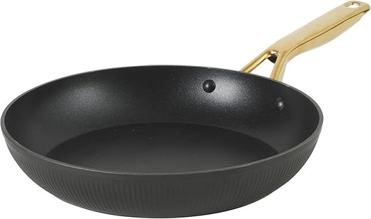 Oster Platinum Abbotsford 11-Inch Nonstick Skillet Fry Pan – Matte Black Stripe Cookware with Gold Handle, Dishwasher Safe, Modern Kitchen Essentials