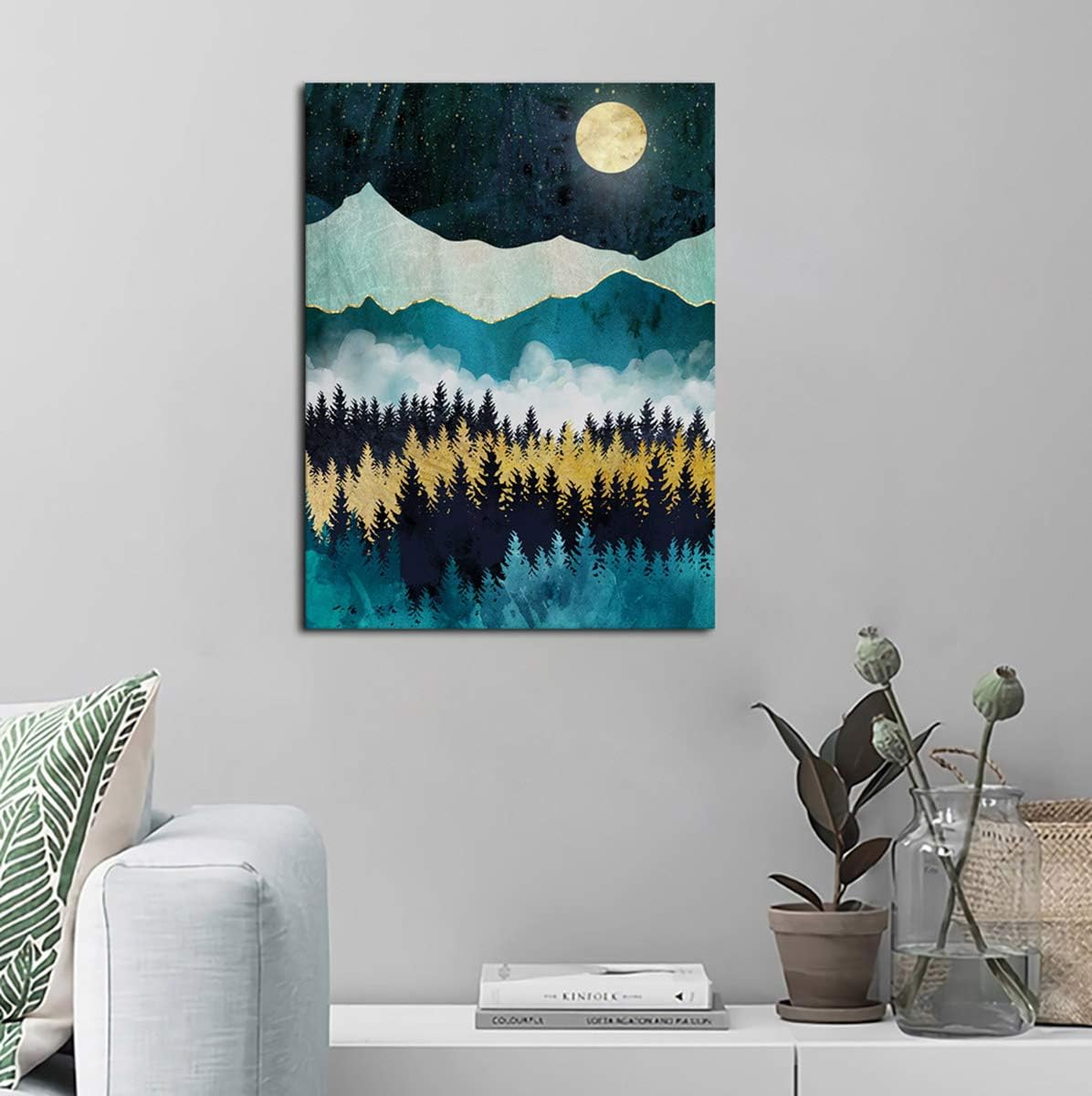 Mountain Forest Wall Art Moon Night Nature Canvas Artwork Modern Nordic Landscape Canvas Pictures for Bathroom Bedroom Living Room Kitchen Office Home Decoration Framed Ready to Hang 12" x 16"