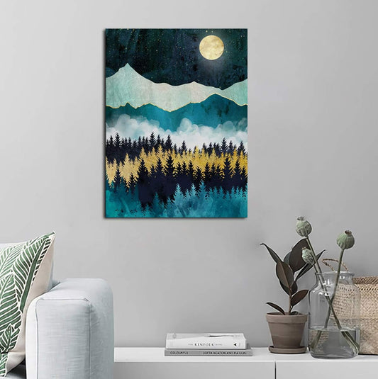 Mountain Forest Wall Art Moon Night Nature Canvas Artwork Modern Nordic Landscape Canvas Pictures for Bathroom Bedroom Living Room Kitchen Office Home Decoration Framed Ready to Hang 12" x 16"