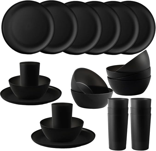 24pcs Dinnerware Sets,Plastic Plates and Bowls Sets,Dishes Set for 8,Unbreakable Modern Dish Sets,Reusable Dinning Set,Dishware Sets for Kitchen,Party or Picnic, Dishwasher Safe,Black,BPA free