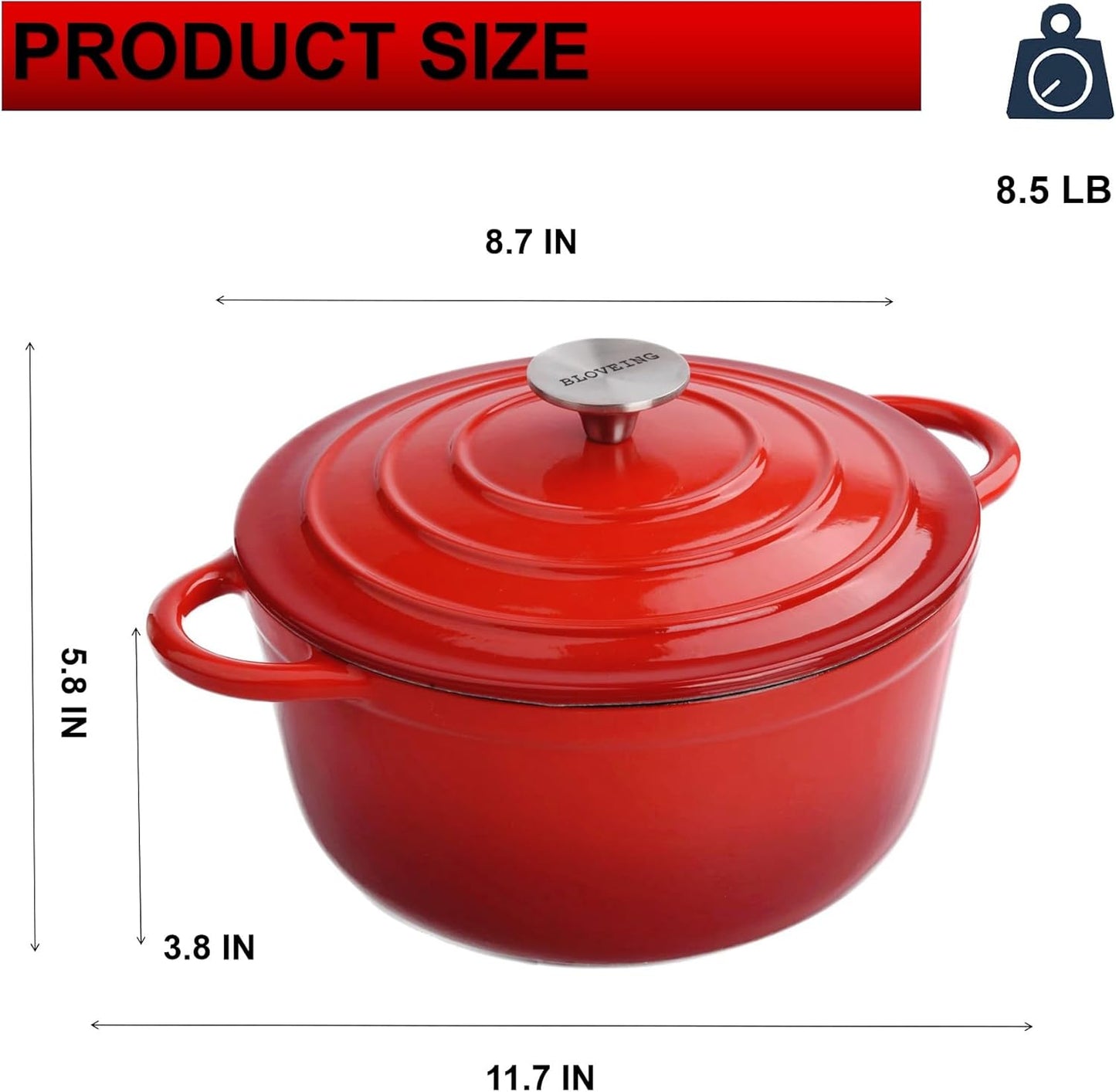 3 QT Enameled Cast Iron Dutch Oven with Lid Round Dutch Oven Big Dual Handles Classic Round Pot for Home Baking, Cooking, Red