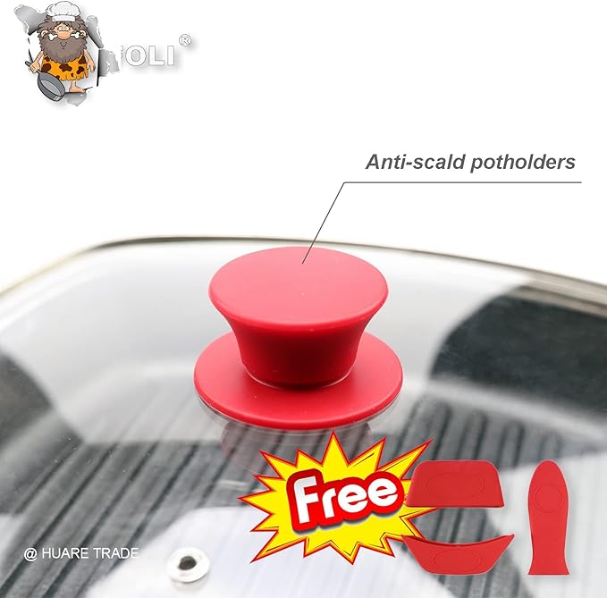 FOLI Square Glass Lid for Grill Pans with Steam Vent Hole - Fits Lodge Cast Iron Skillets 10.5inch/26.67cm Silicone Potholder- Square Tempered Glass Lid - Universal Replacement Cover Silicone Knob