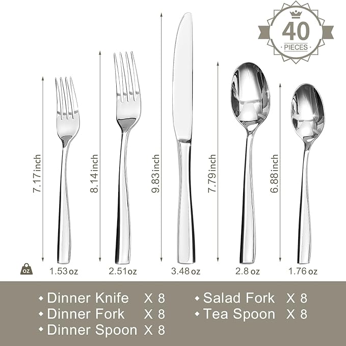 HIKAA 40-Piece Silverware Set for 8, Heavy Duty Stainless Steel Flatware Cutlery Set For Home Kitchen Restaurant Hotel, Kitchen Utensils Set, Mirror Polished, Dishwasher Safe