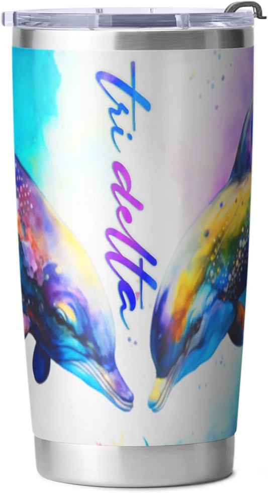 Tri Delta Sorority Paraphernalia - Official Vendor - 20 oz Stainless Steel Insulated Sublimation Tumblers - Dolphins Rainbow