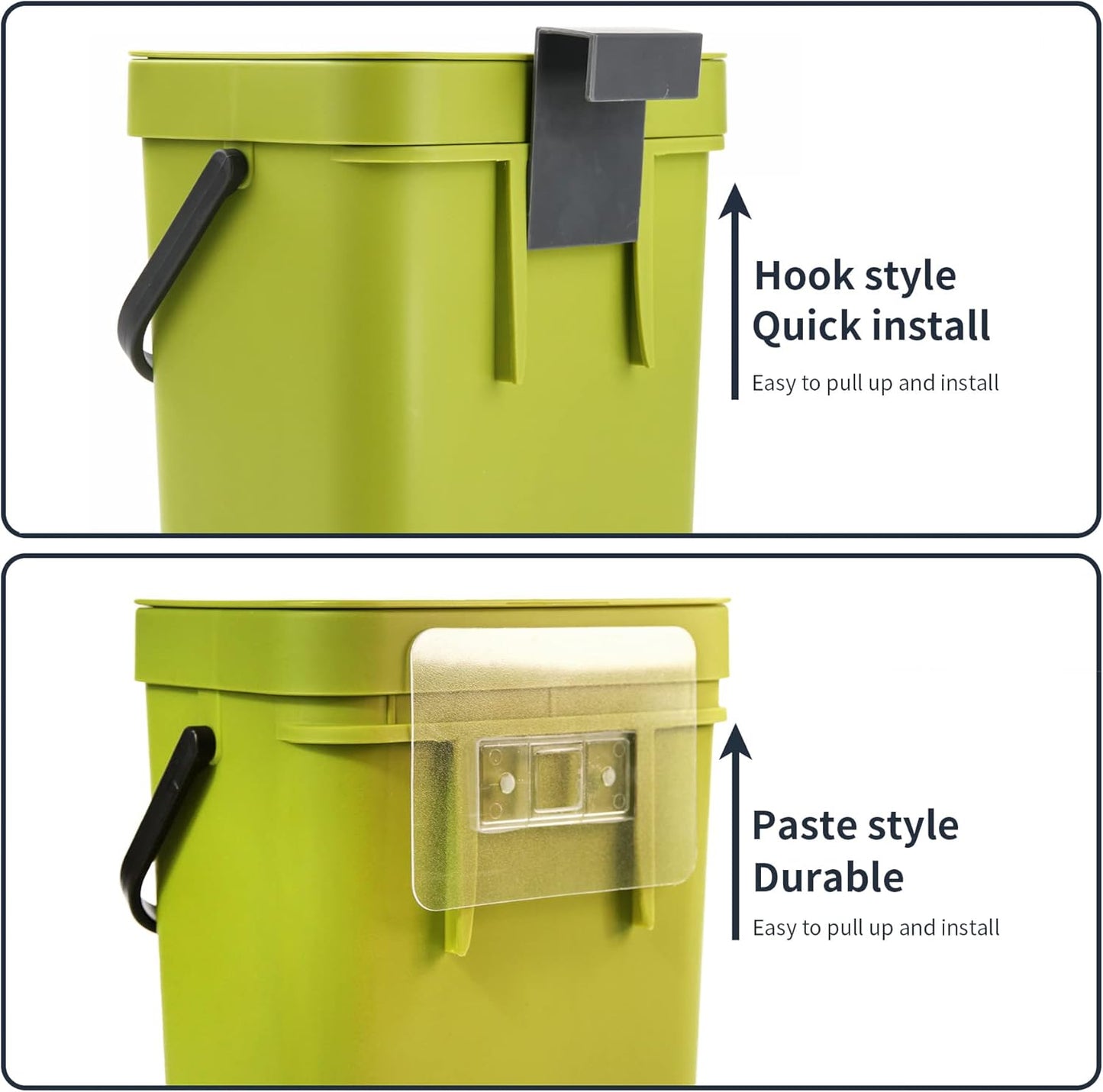 Domiella 2 Pack Hanging Small Trash Can with Lid (1.3 + 0.8 Gal), Kitchen Compost Bin for Countertop or Under Sink, Mountable Food Waste Bin for Cabinet, Bathroom, or RV Use (Green)