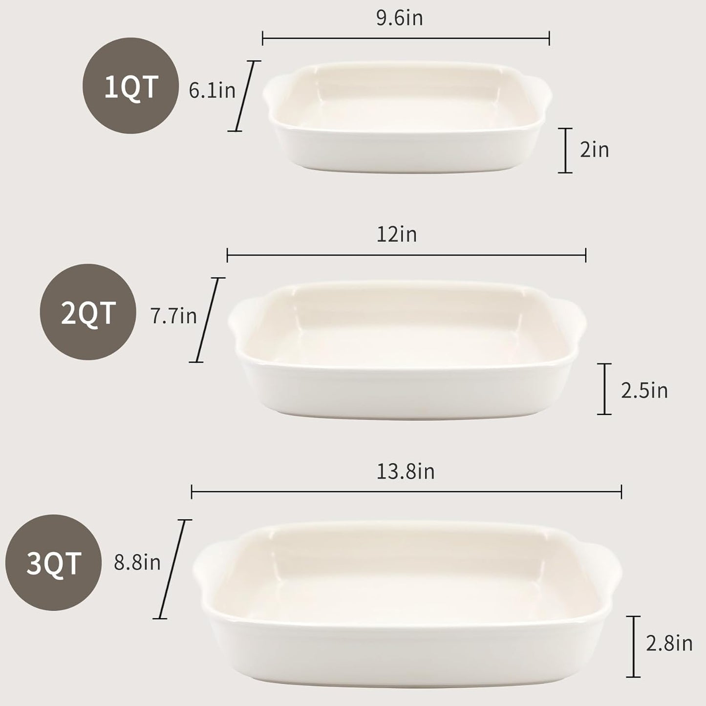 3-Pack Ceramic Baking Dishes Set,Heavy-Duty Oven-Safe Stoneware,Deep Rectangular Casserole Pans for Lasagna & Baking,High Heat Resistant,Handcrafted Glazed Finish (13.8''/12''/9.6'' Pure Off-White)